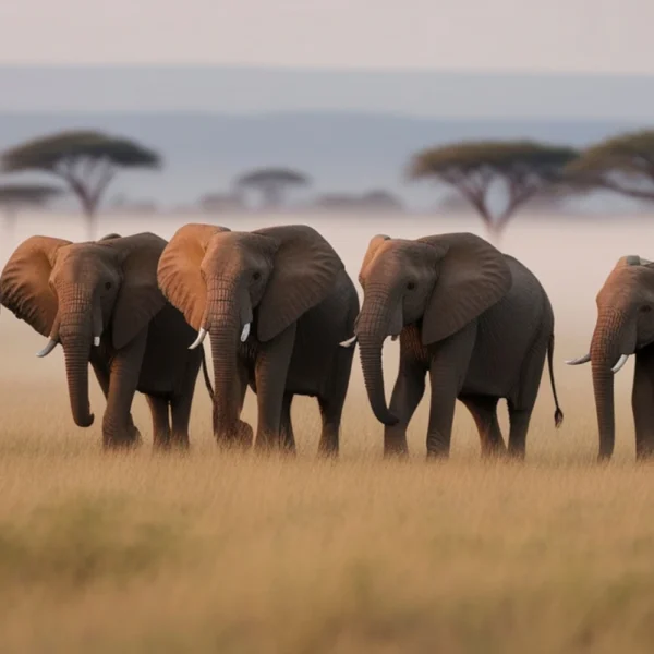 Elephants walking in Maasai Mara savannah during Kenya safari